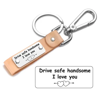 

Engraved Words Drive Safe Keychains Stainless Steel Genuine Leather Custom Name Keyrings For Couples Men Women Accessories Gift