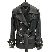 Женская куртка из натуральной кожи, пальто, весенний классический длинный Тренч, Женская двубортная куртка из натуральной кожи, ремень