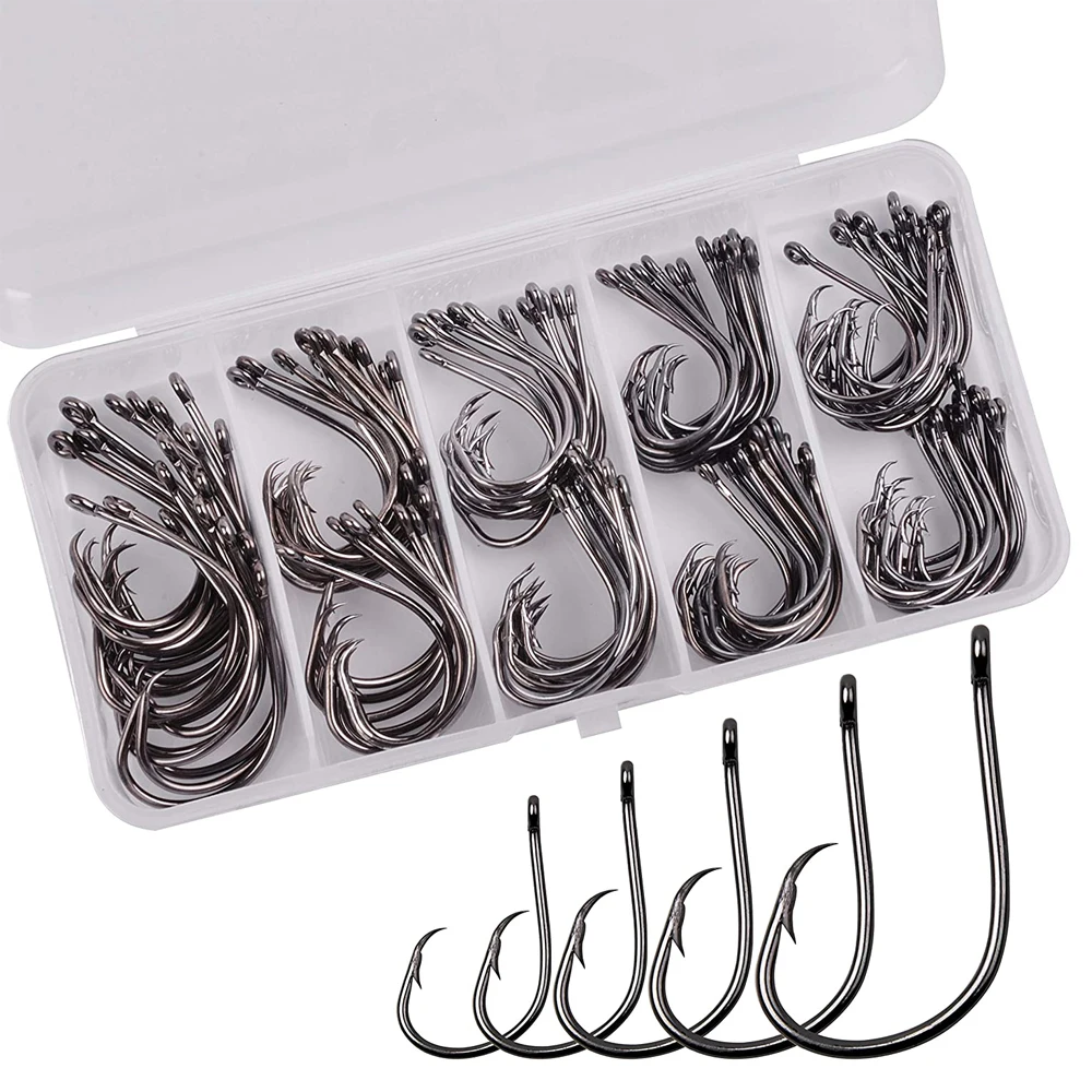 

120pcs Circle Hooks Saltwater Fishing Hooks Kit Octopus lure Hooks Straight Eye Barbed High Carbon Steel Fishhooks