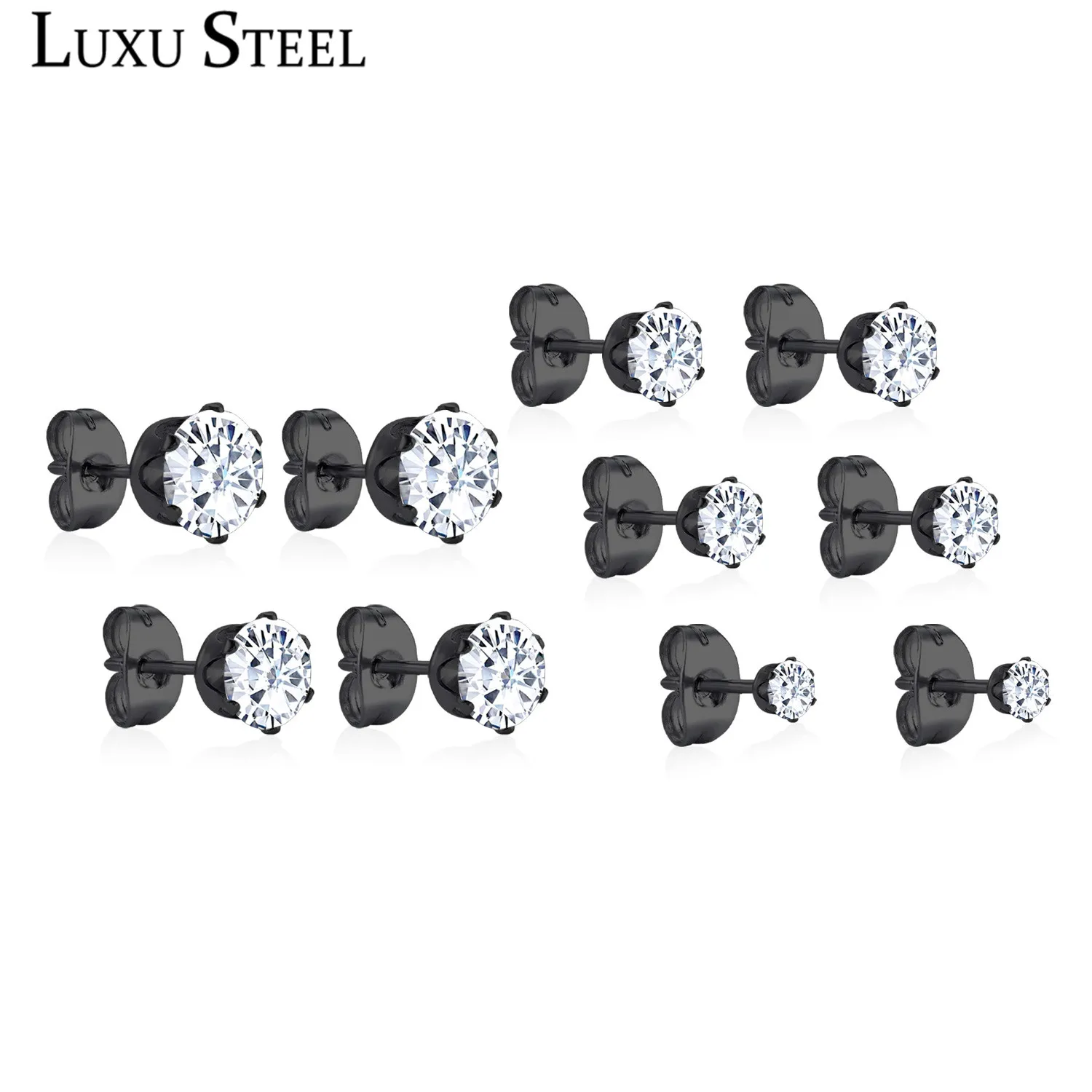 LUXUSTEEL 5 пар/лот черные круглые серьги гвоздики с кубическим цирконием вечерние из