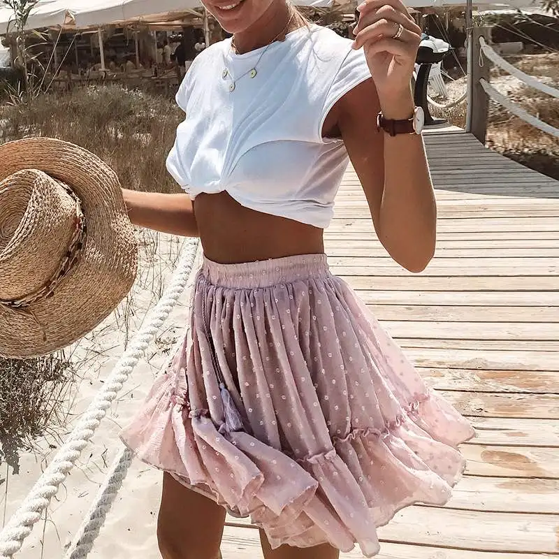 BOHO INSPRIED розовая юбка в горошек Женская многослойная плиссированная мини-юбка