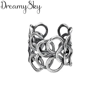

DreamySky Wholesale Real Silver Color Big Circle Rings For Women Big Antique Rings Finger Jewelry High Quality