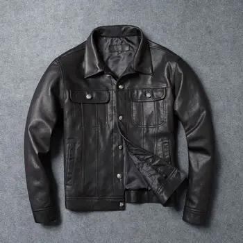 

2020 Autumn Men True Leather Jacket Slim Fit Short Money Single Row Buckle Cowboy Money Leather Coat Wash With Water Do Old