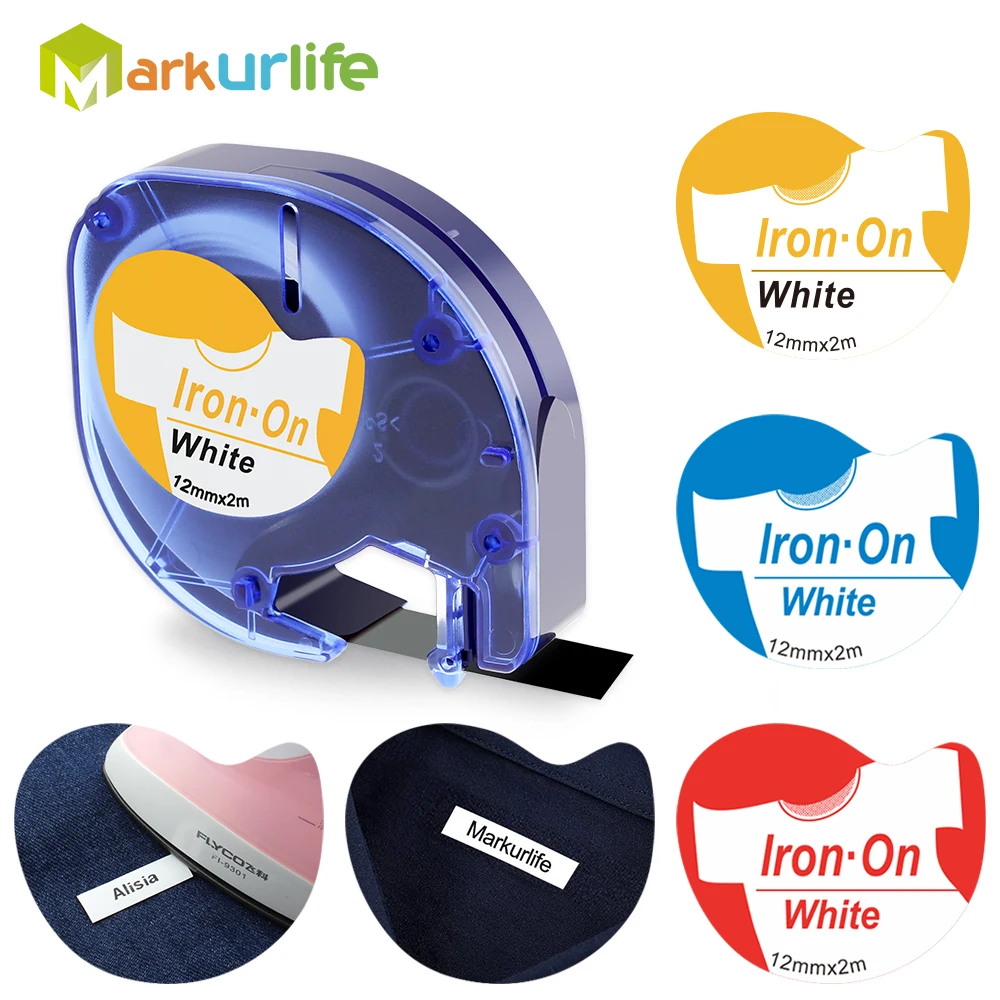 Label Tape 18771 Iron-On Fabric Labels 12mm Compatible for Dymo Letratag Label Tapes Black on White Fabric Iron-on Ribbons 18769