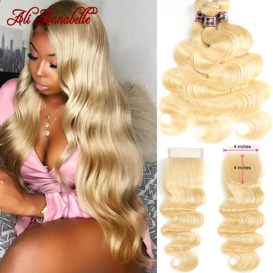 Blonde Bundles Human-Hair Ali-Annabelle 613 Closure Body-Wave Brazilian with Remy Weave