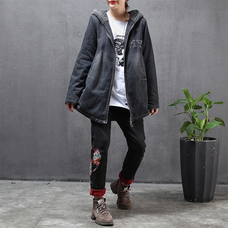 

Autumn And Winter New Style Literature And Art Retro Hooded Brushed And Thick Loose-Fit Jeans Coat Women's Large Size Versatile
