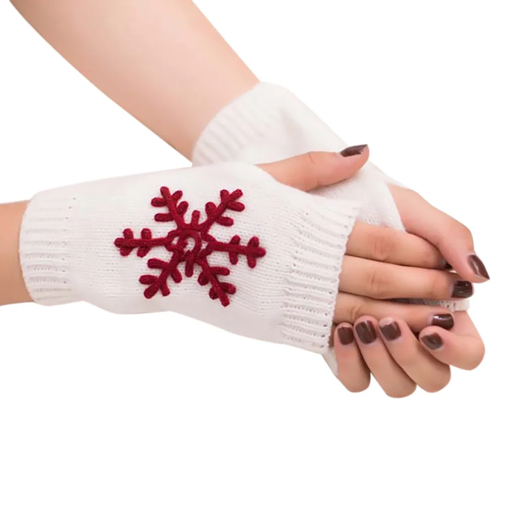 Женские зимние теплые перчатки со снежинками Рождественский трикотаж перчатки на пол пальца вышитые снежинки мягкие перчатки без пальцев для девочек женские варежки - Цвет: White