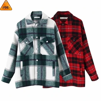 

Women Vintage Stylish Plaid Pockets Button tweed Blouse Autumn Fashion Thick Shirts Tops Casual Blusas Mujer