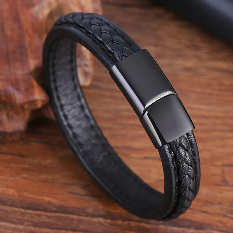Панк коричневый из чистой кожи браслеты для мужчин золото серебро черный матовый 316L нержавеющая сталь застежка женщина плетеная веревка браслет