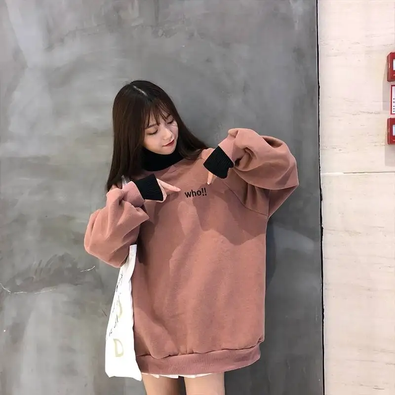 Женская толстовка kawaii, топы, верх размера d, имитация двух частей, буквенная вышивка, Повседневный пуловер размера плюс, Осенние одноцветные толстовки