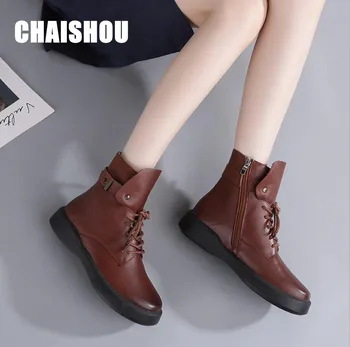 

D333 Fashion Winter Flat Boots Genuine Leather Ankle Shoes Vintage Casual Shoes Brand Chaussure Bottes Femme Handmade Women Boot