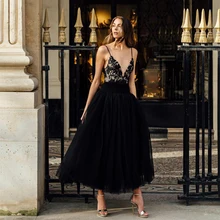 Fivsole – robe de soirée de forme trapèze, Sexy, col en v, dentelle, mi longue, bretelles Spaghetti, Tulle 