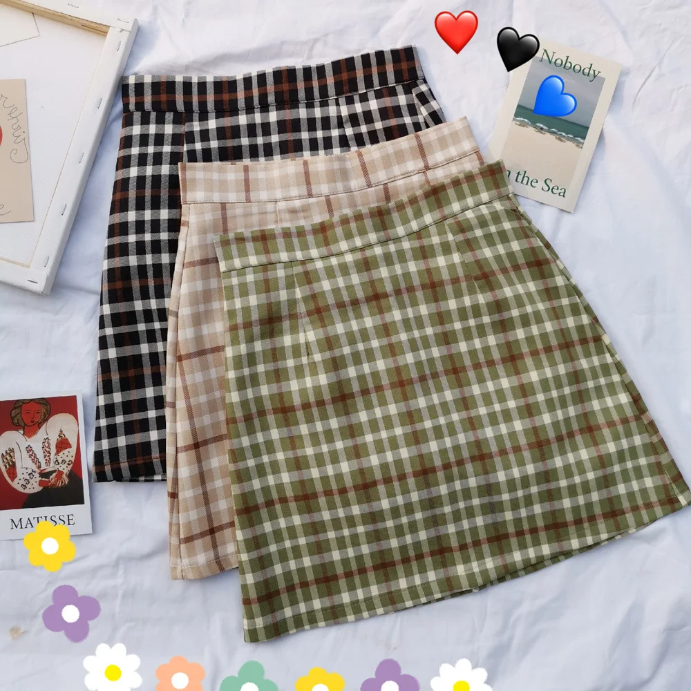 

Photo Shoot 2019 WOMEN'S Dress Summer Korean-style CHIC Fresh Avocado Green Plaid Skirt High-waisted A- line Skirt Women's