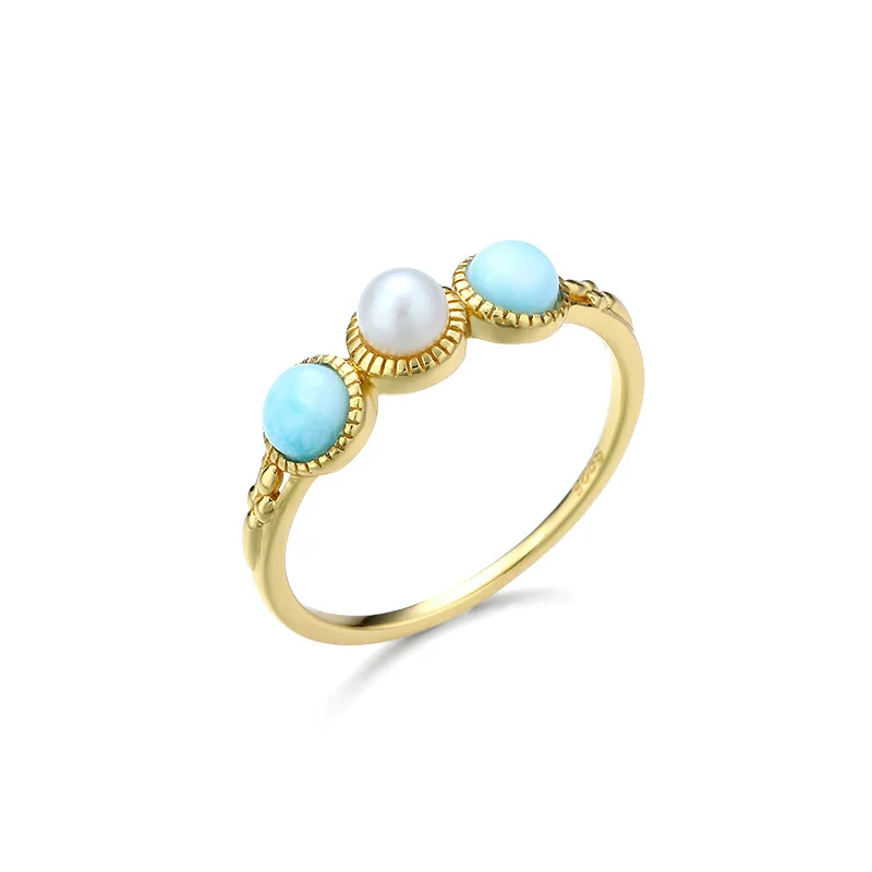 

Elegant Natural Larimar Pearl 925 Sterling Silver Rings Bands for Women Girl Cute Upscale Fancy Office Jewelry Valentine Gift