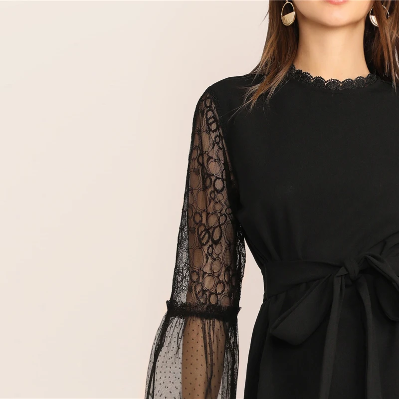 Sheinside элегантная контрастная сетчатая блузка с поясом женские осенние черные блузки с рукавом-фонариком Женские Твердые замочные скважины Топ