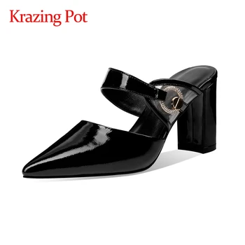 

Krazing Pot korean girls metal decorations mature real leather pointed toe high square heel mules slip on women summer pumps L28