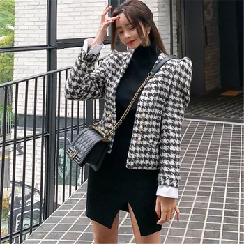 

Spring New High Quality Women's Double-breasted V Collar Houndstooth Tweed Jacket Coat Runway Office OL Women Tweed Top