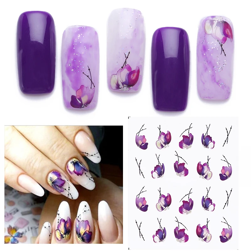 

1 Sheet Flower Pattren Water Decals For Nail Polish Stickers Transfer Purple Color Flowers Print Nail Art Decorations Stickers