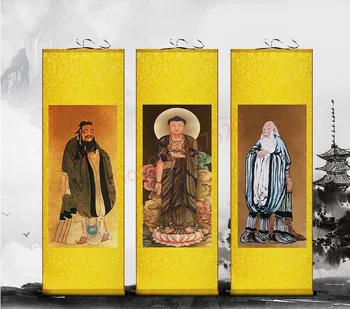 

(customized) Portraits of Confucius, Laozi and Sakyamuni, Confucianism, Taoism, Buddhism, statues of gods, silk scroll paintings