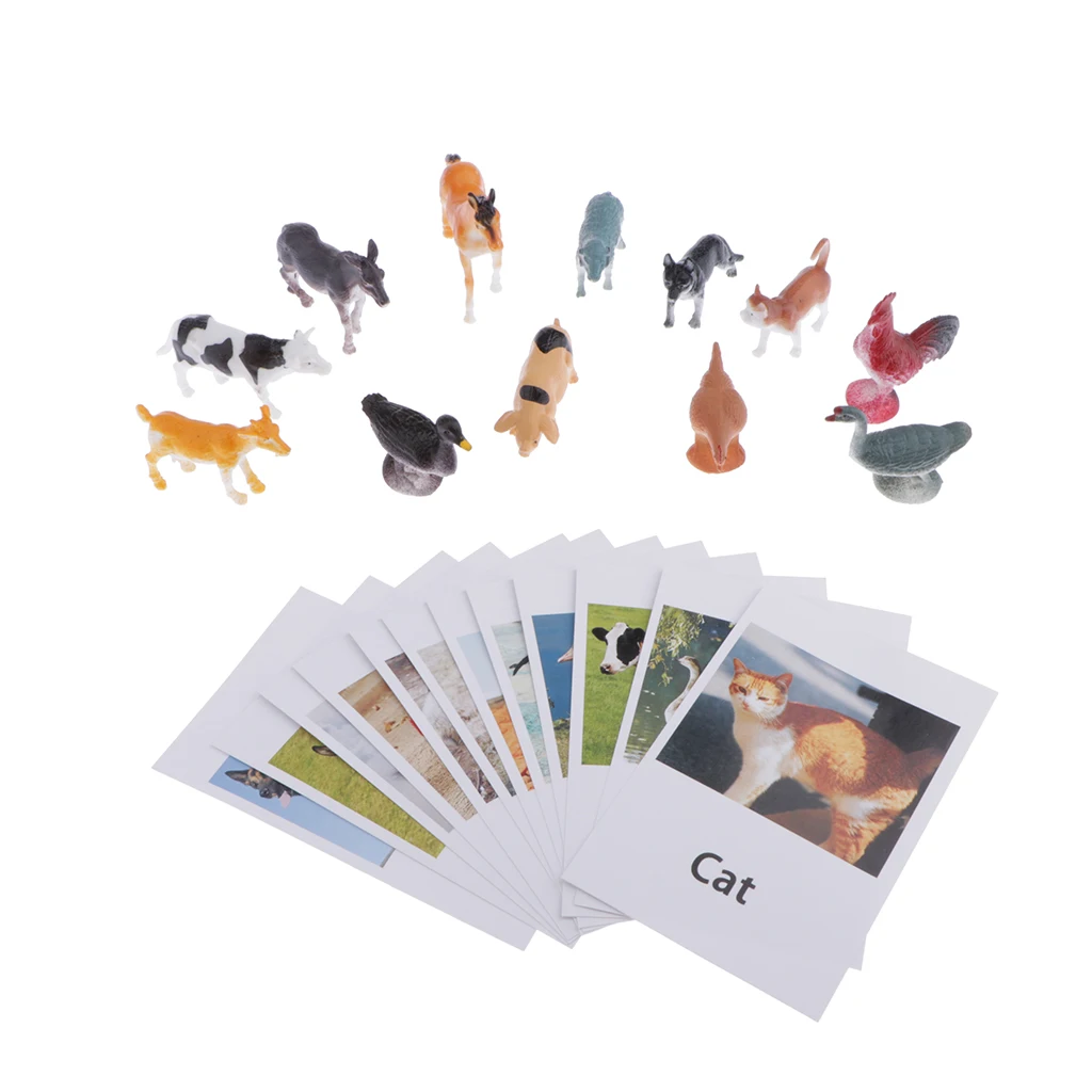 Montessori Learning Materials Toy - 12pcs Miniature Farm Animal Figure Match Set Matching Cards Game