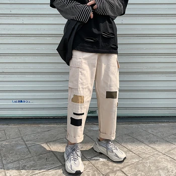 

Men's new personality hit color patch cloth overalls trend loose casual pants summer port wind straight nine pants male