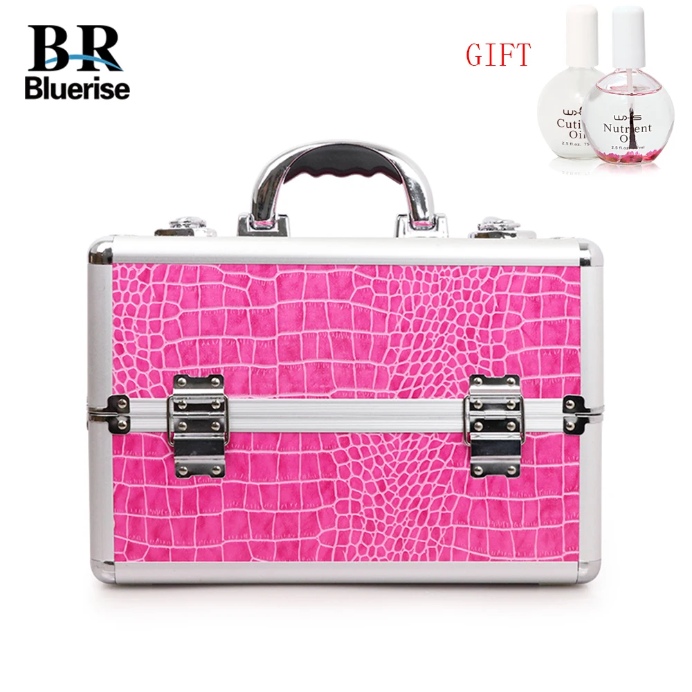 

Beauty Box Professional Multi Tiers Nail Maekup Tool Storage Aluminum PU Hot Pink Crocodile Cosmetic Portable Bags