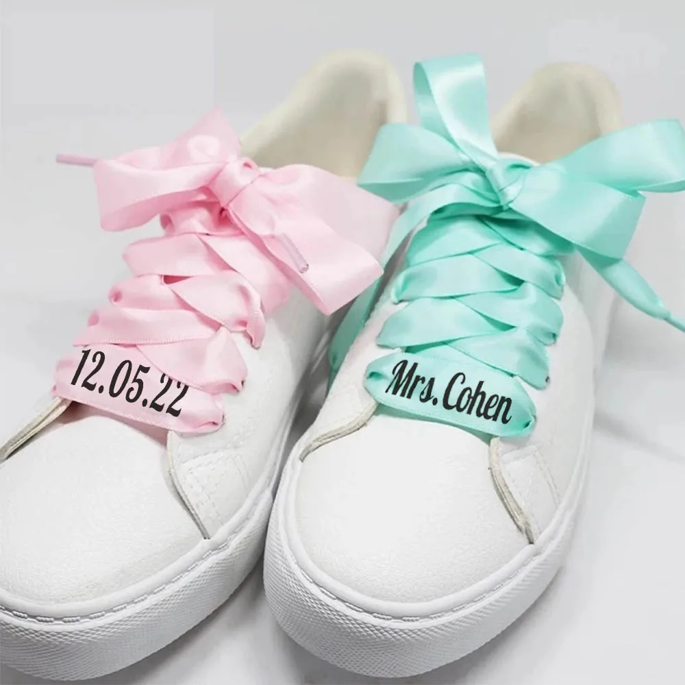 1 Pair Personalized Silk Satin Shoelaces 2CM Width Ribbon Shoe laces Text Candy Color Boots Women Sneakers