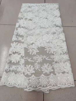 

African Lace Fabric white Tulle Lace High Quality Embroidery Nigerian French Mesh sequins Lace Fabric Material For Dress 5Yards