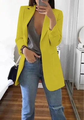 yellow Пальто больших размеров 5XL, осень, женские облегающие костюмы-кардиган, куртки, повседневные, открытая передняя часть, OL, Блейзер, для девушек, солидные, официальные, блейзеры, пальто - Цвет: yellow