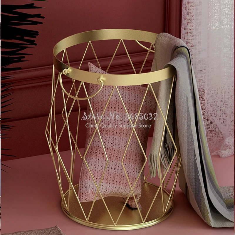 

Fashion Metal Gold Color Dirty Clothes Storage with Handle Wheel Home Creative Organizer Steel wire dirty clothes basket