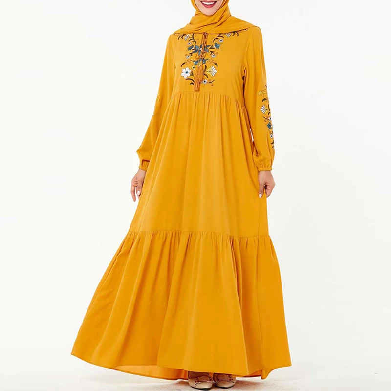 Новое abaya Дубай турецкий хиджаб мусульманское платье исламское одежда Абая для женщин Восточный халат из марокена кафтан Tesettur Elbise исламское платье - Цвет: yellow dress