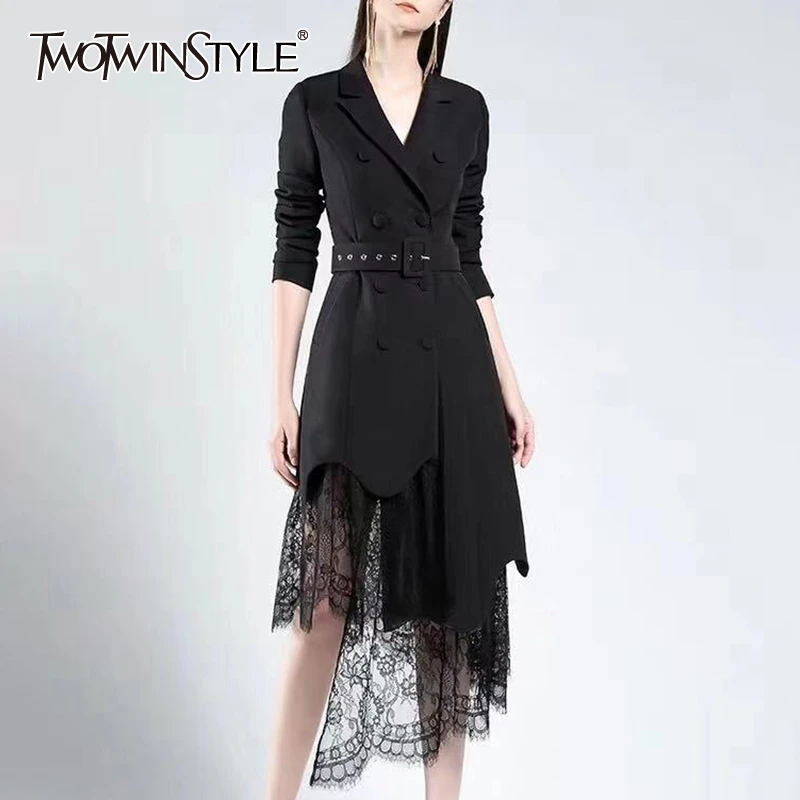 TWOTWINSTYLE лоскутное кружевное платье для женщин v образный вырез длинный рукав