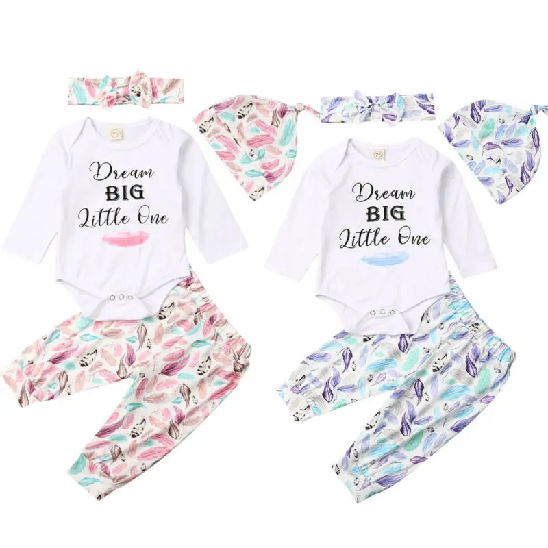 Spring Autumn Newborn Kid Baby Boy Girl Letter Romper Tops+Pants+Hat+Headband 4PCS Outfits Set