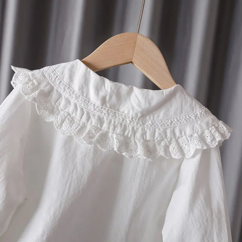 Spring 100% Cotton Lace Top White Blouse Summer Shirt Korean Baby Long Sleeve Tops Boys Shirts School Girls Blouses Camisas