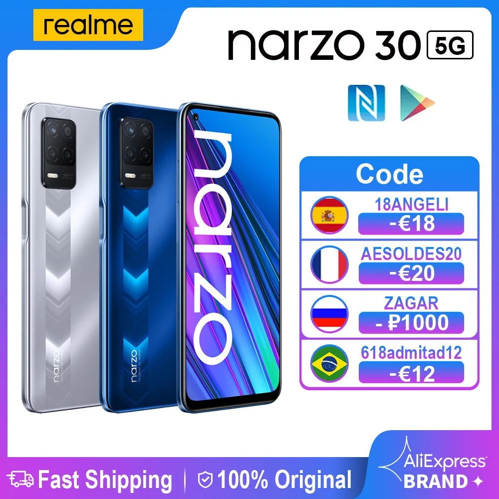 【750₽-150₽：Ucenka251】Realme Narzo 30 5G смартфон 4 Гб 128 Dimensity 700 6 5 '➐ Гц Дисплей 48MP тройной