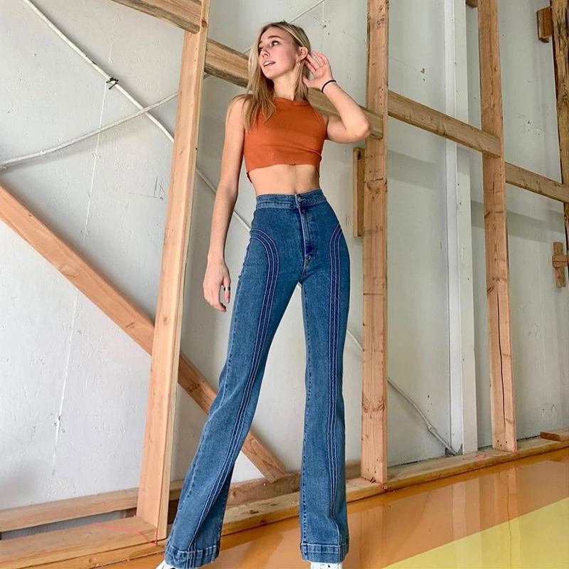 

Vintage High Waisted Jeans Slim Line Blue Washed Super Stretchy Straight Casual Flared Pants Pantalones De Mesclilla Para Mujer