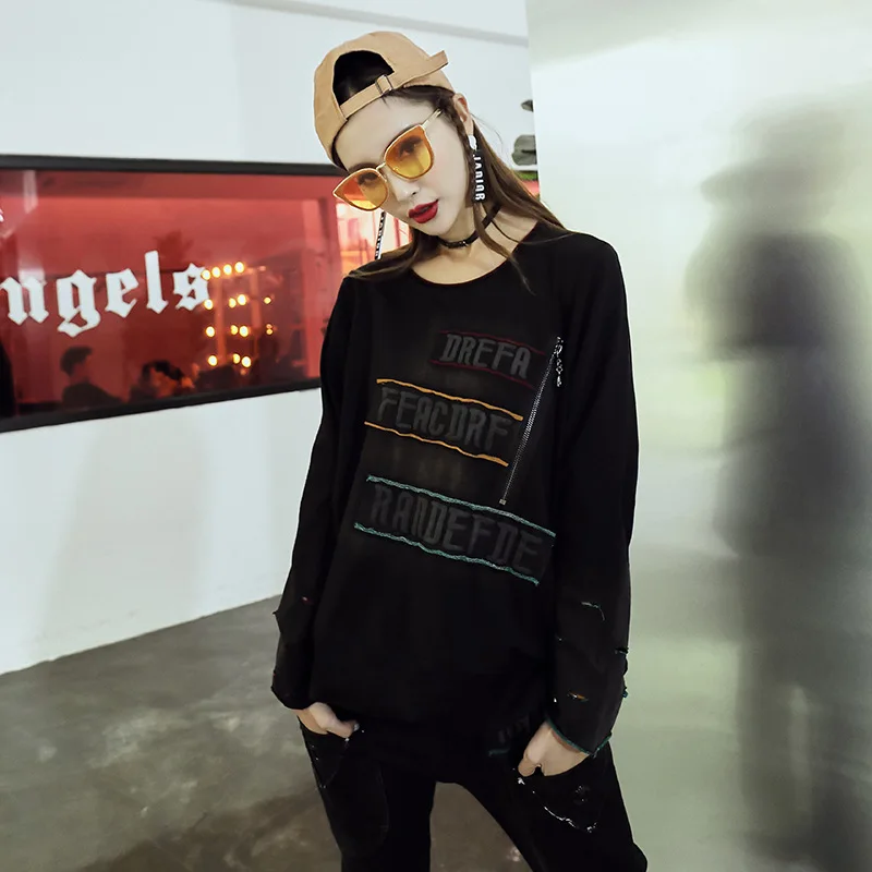 

He Or She Keren Autumn Suit-dress Round Neck Pullover Loose Long Sleeve Printing Split Joint Holes T Shirt A418