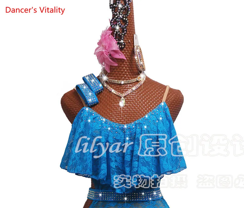 Latin Dance Competition Costumes Costumes Sasa Dance Skirt Women Children Lake Blue Lace Skirt Fringed Skirt