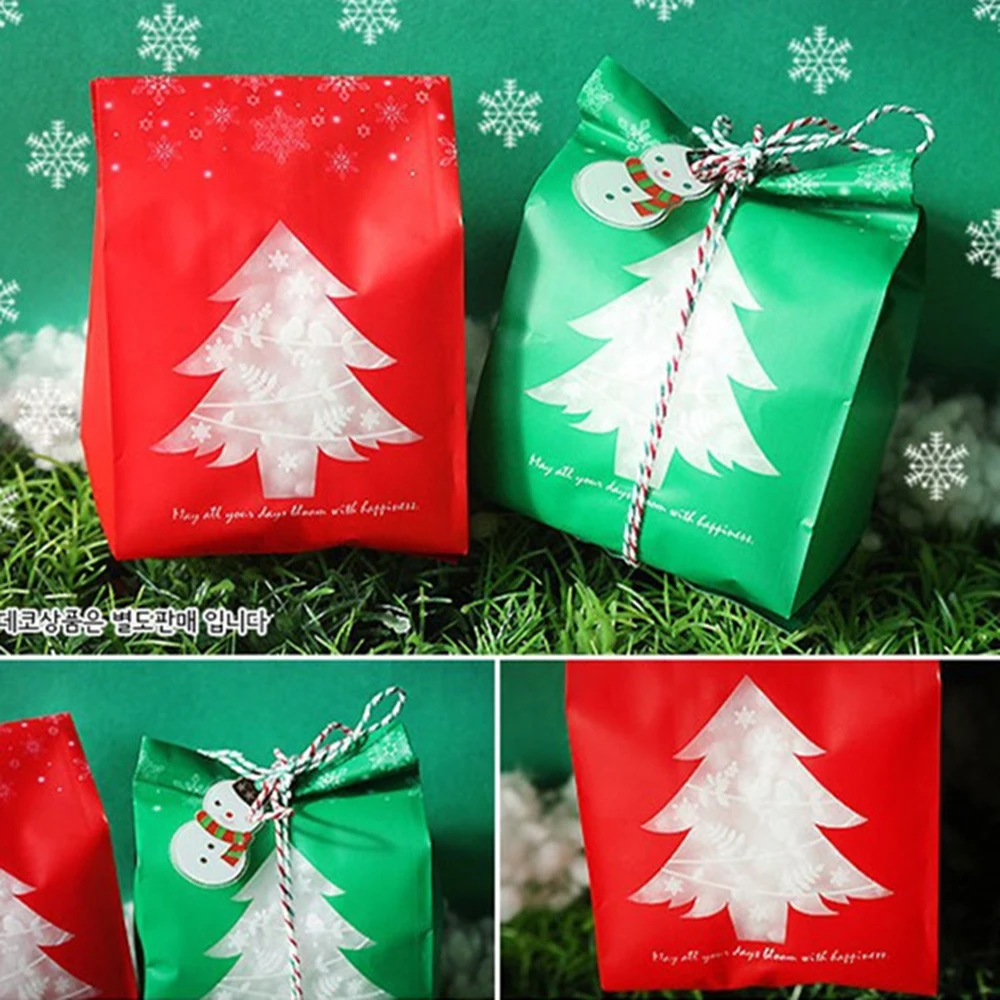 

100pcs Christmas Gift Bag Red Green Christmas Tree Snowflake Candy Cookies Small Objects Bags Christmas Decoration Food Bags