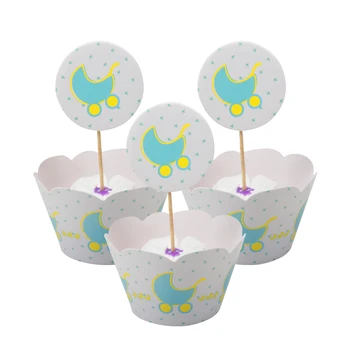 

12set Baby Shower Birthday Party Decoration Cake Bake Wrappers Kids Favors Baby Carriage Theme Cupcake Toppers For baby boys