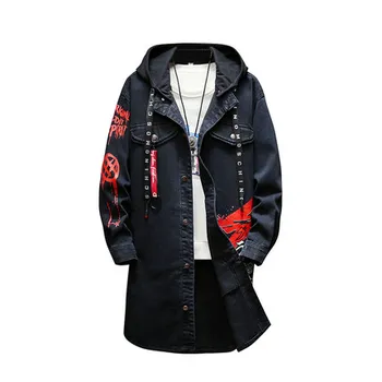 

Men Oversized Floral Printed Denim Jackets Male Casual Loose Long Coat Big Size Hoodies Youth Fashion Style Hoody
