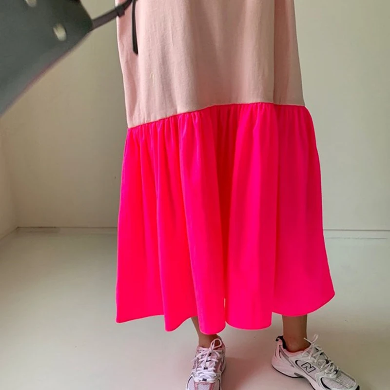 详情 (9).jpg TWOTWINSTYLE Elegant Patchwork Hit Color Dress Women O Neck Half Sleeve Oversize Casual Midi Dresses Female 2020 Summer Clothes