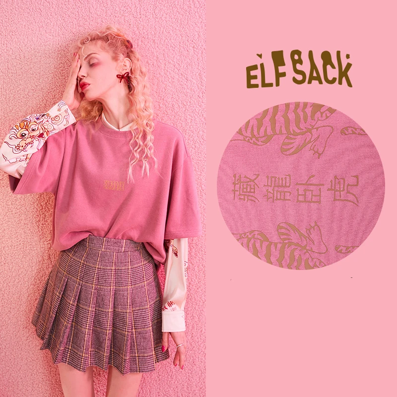Розовый ELFSACK, розовая одноцветная женская футболка с принтом тигра, большие размеры, зима, черный единорог, китайский стиль, короткий рукав, повседневные женские базовые Топы - Цвет: Розовый