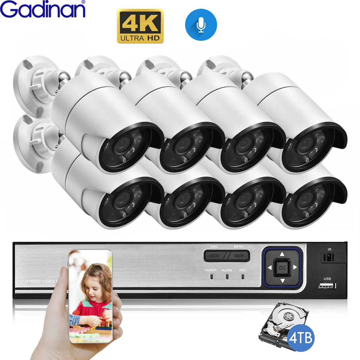 Система видеонаблюдения Gadinan Ultra HD 4K 8 Мп H.265 POE NVR наружная IP-камера набор для