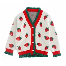 Детский свитер, осенний кардиган для маленьких девочек, Повседневная утепленная верхняя одежда с принтом клубники, пальто, одежда