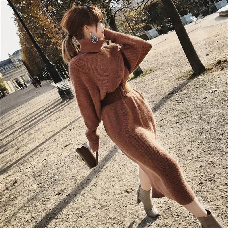 2019 Winter Women Sweater Dress Female Pullover Turtleneck Long Sleeve Warm Slim Kintted With Belt | Женская одежда