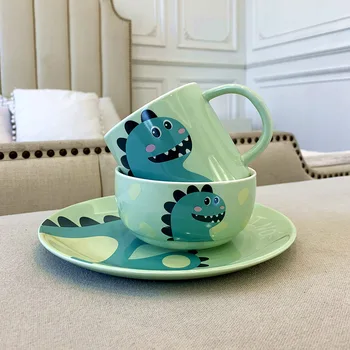 

Tableware Korean Version Creative Cute Cartoon Dinosaur Ceramic Tableware Set Children's Home Breakfast Bowl Plate Milk Mug