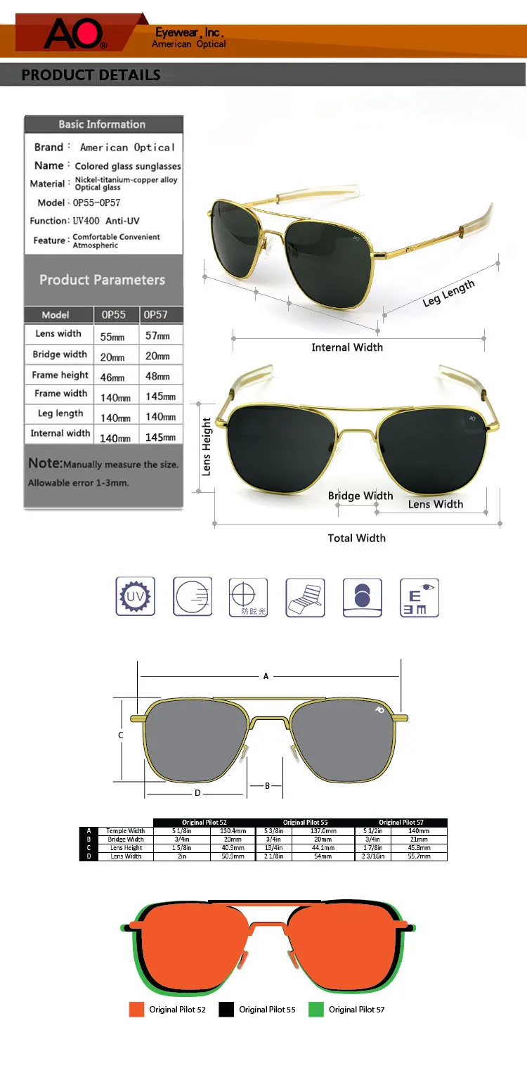Американское оптическое солнцезащитное стекло es для мужчин пилот авиационное солнцезащитное стекло es анти-капля взрывозащищенное Закаленное стекло солнцезащитное стекло es бутик AO55-57