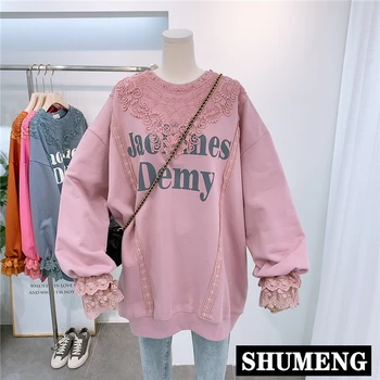 

Stitching Lace Letters Loose Sweatshirt Coats Women Plus-sized Mid-Length Pullover Hoody Jacket Spring and Autumn Jumper Hoodies