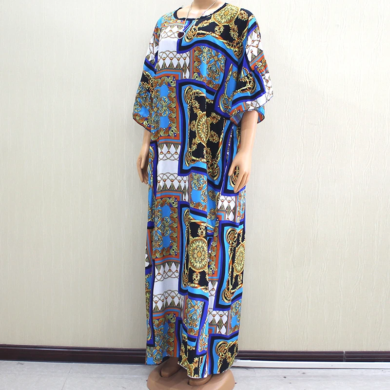 Excellent African Dashiki Dresses For Women Noble Gorgeous Pattern Print Red Cotton O-Neck Dress With Big Scarf